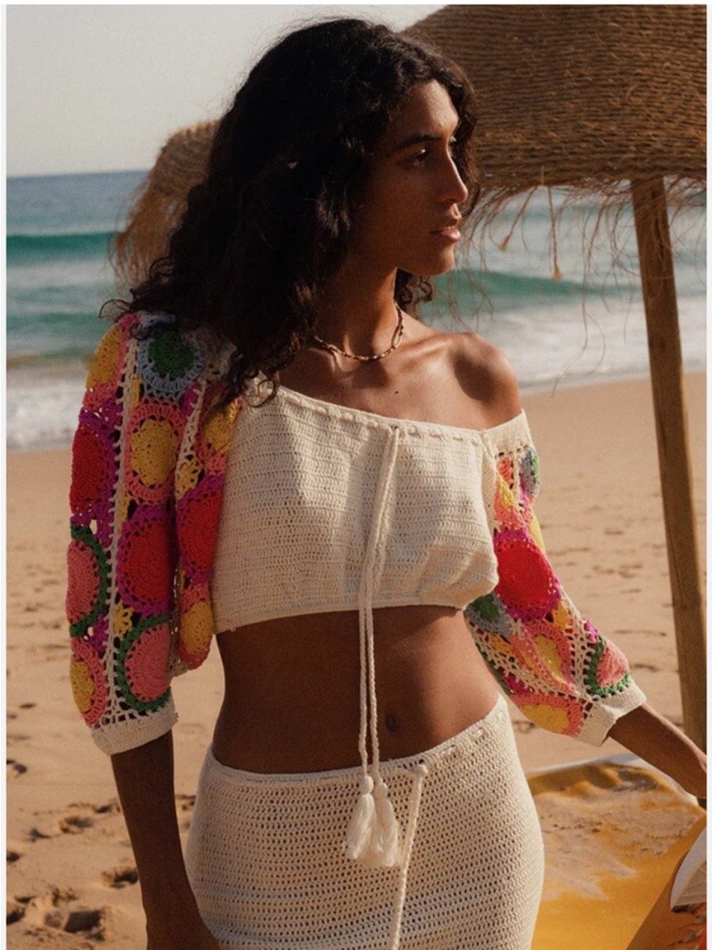 Spell Crochet Set Let the Sunshine In Maxi Skirt and Crop Top Cream Rainbow S - Picture 14 of 17